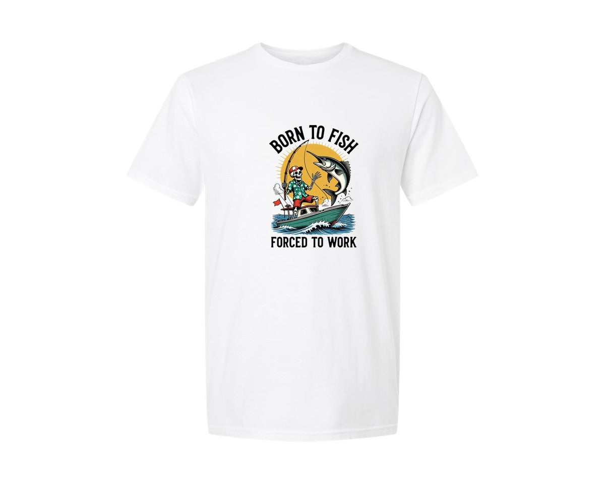 brand:Generic|color:White|Born To Fish Skeleton Fisherman Graphic T-Shirt