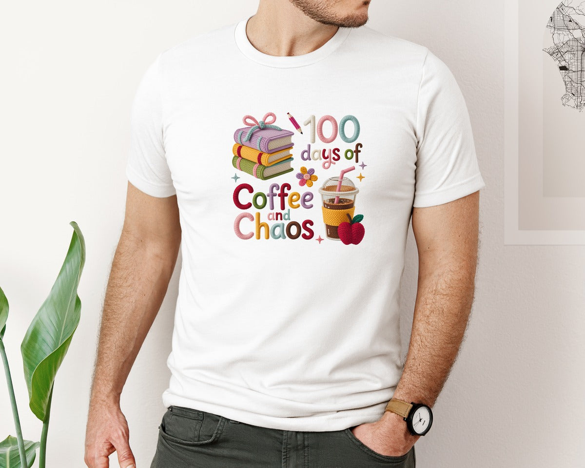 brand:Bella Canvas|color:White|Faux Yarn Coffee Chaos 100 Days Graphic T-Shirt