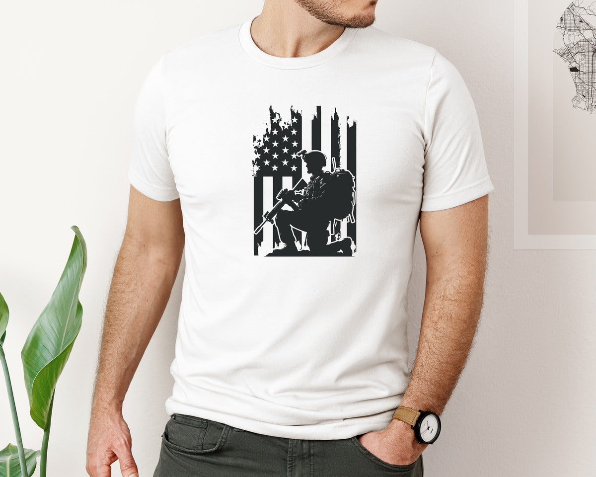 brand:Bella Canvas|color:White|Us Soldier With American Flag Design 17 Graphic T-Shirt