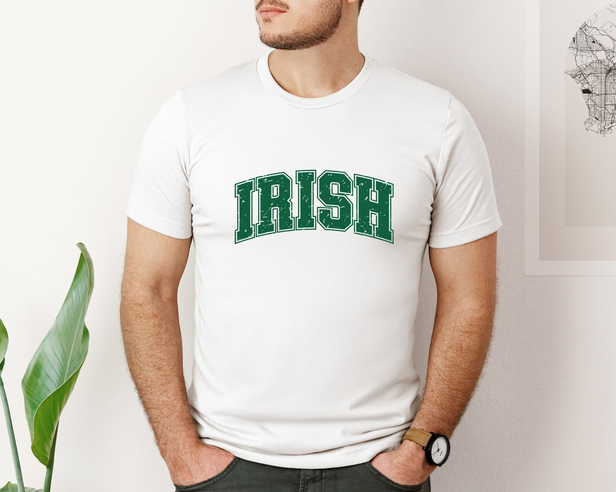 brand:Bella Canvas|color:White|St Patricks Day Retro Irish Varsity Graphic T-Shirt