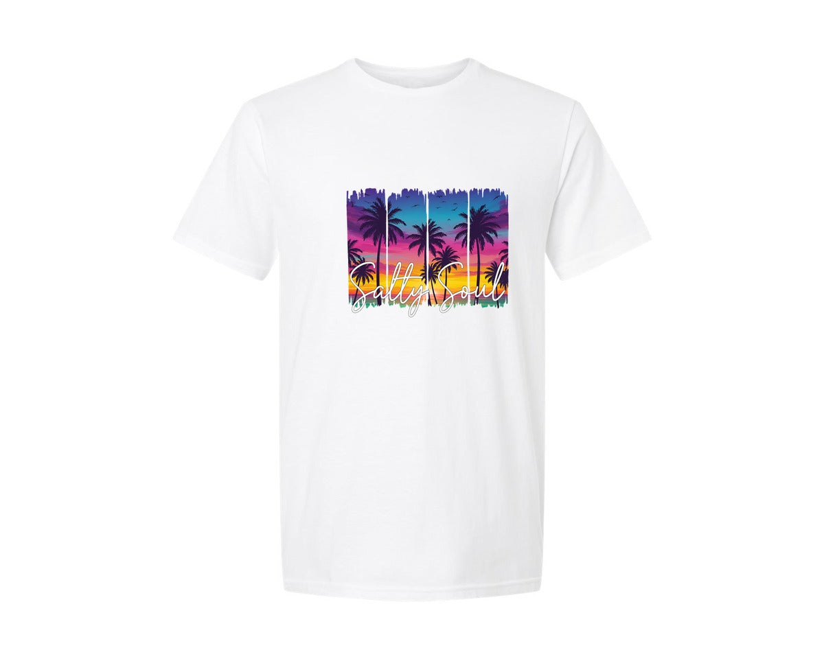brand:Generic|color:White|Summer Salty Soul Beach Sunset Palm Graphic T-Shirt