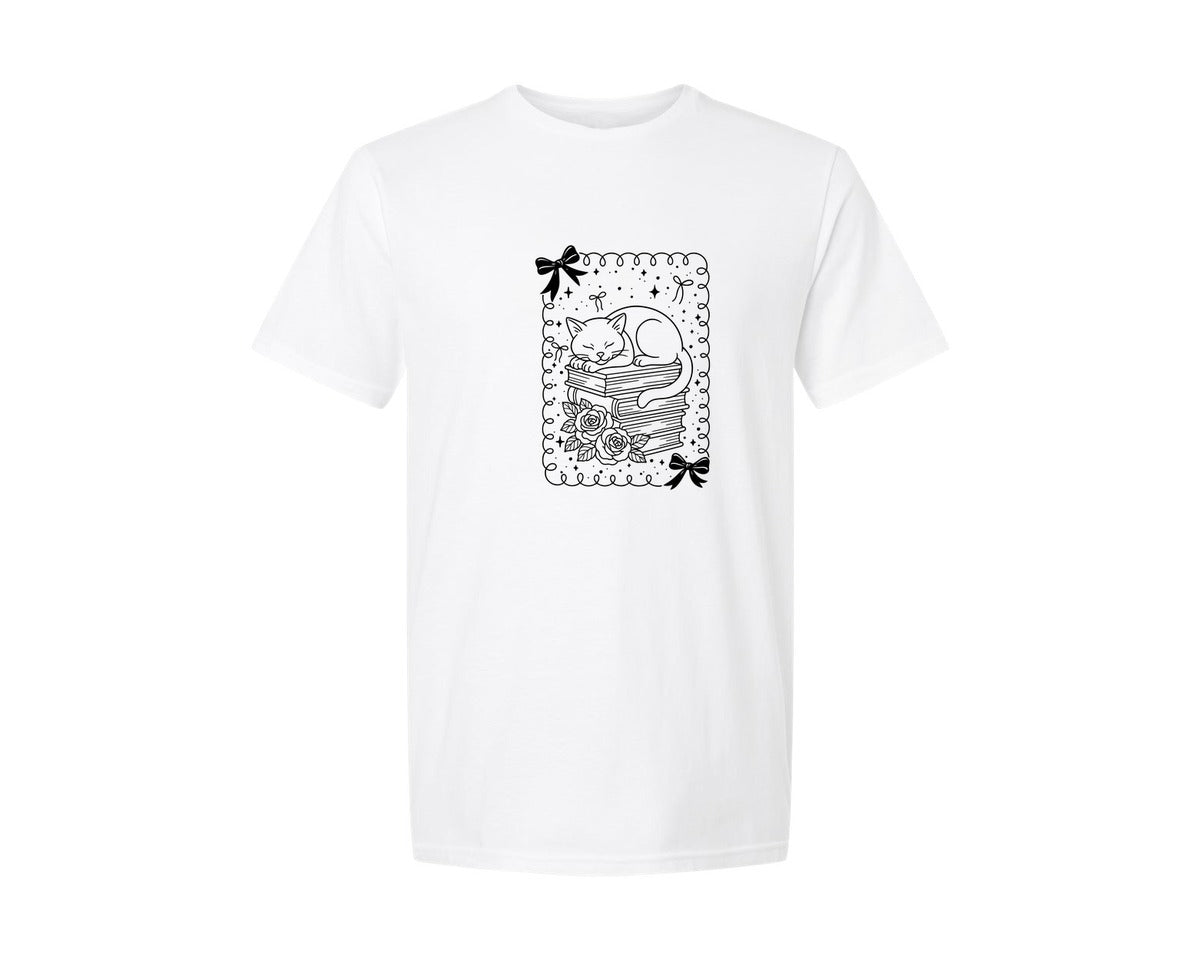 brand:Generic|color:White|Cat On Book Stack Graphic T-Shirt