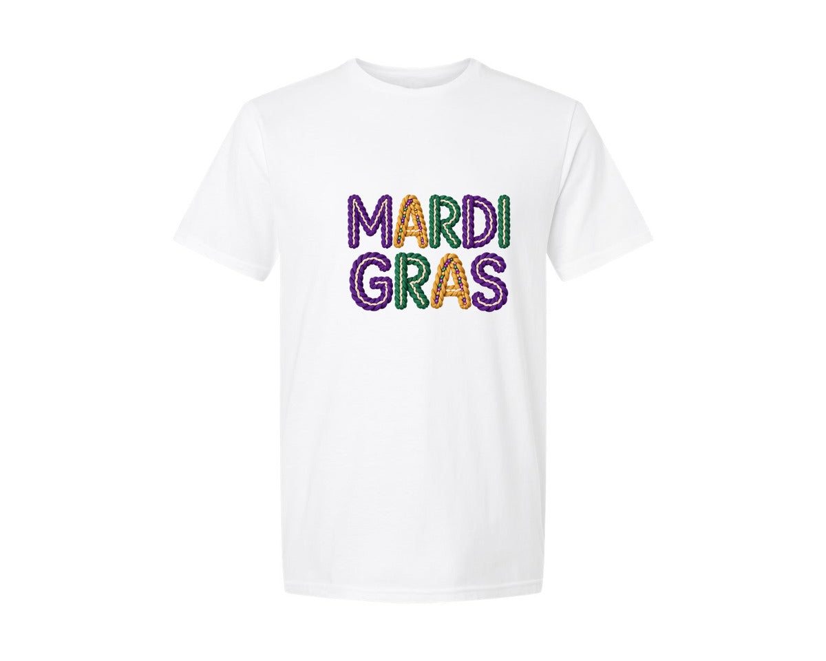 brand:Generic|color:White|Faux Yarn Mardi Gras Letters Design Graphic T-Shirt