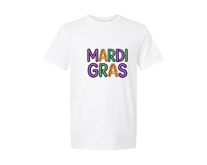 brand:Generic|color:White|Faux Yarn Mardi Gras Letters Design Graphic T-Shirt