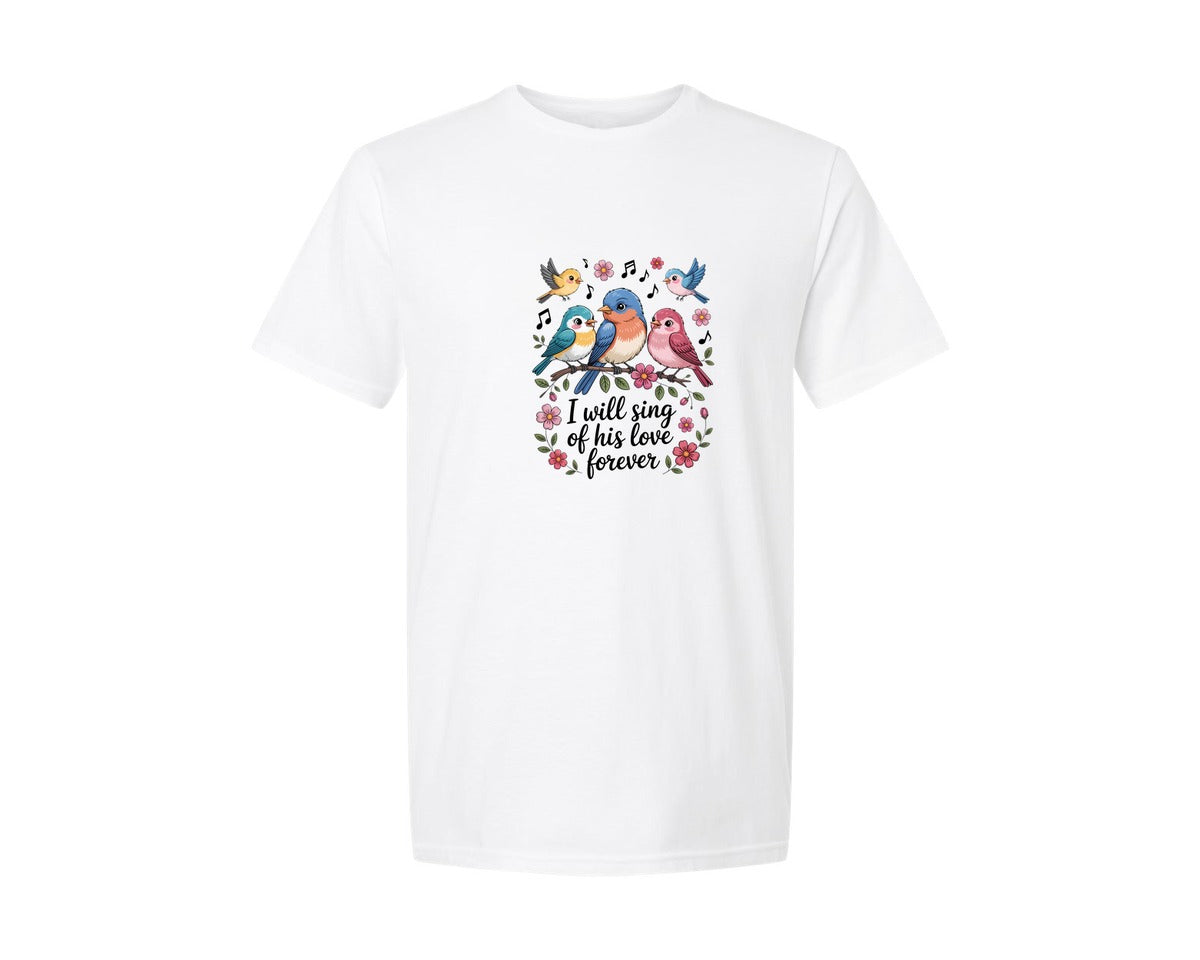 brand:Generic|color:White|I Will Sing Of His Love Forever Fall Graphic T-Shirt