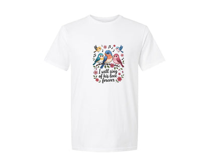 brand:Generic|color:White|I Will Sing Of His Love Forever Fall Graphic T-Shirt