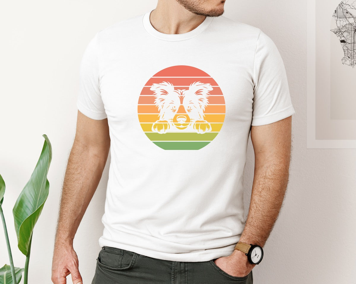 brand:Bella Canvas|color:White|Border Collie Dog Peeking Sunset Vintage Graphic T-Shirt