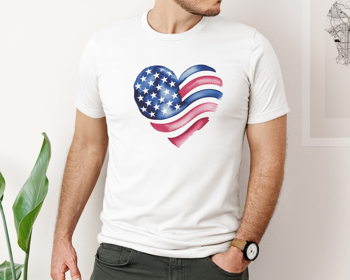 brand:Bella Canvas|color:White|American Flag Heart 4Th Of July Graphic T-Shirt