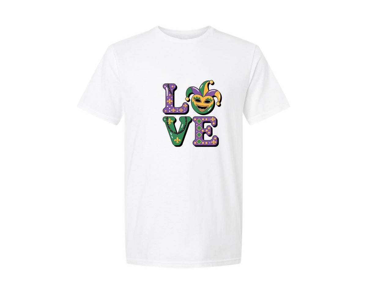 brand:Generic|color:White|Faux Yarn Mardi Gras Love 4 Graphic T-Shirt