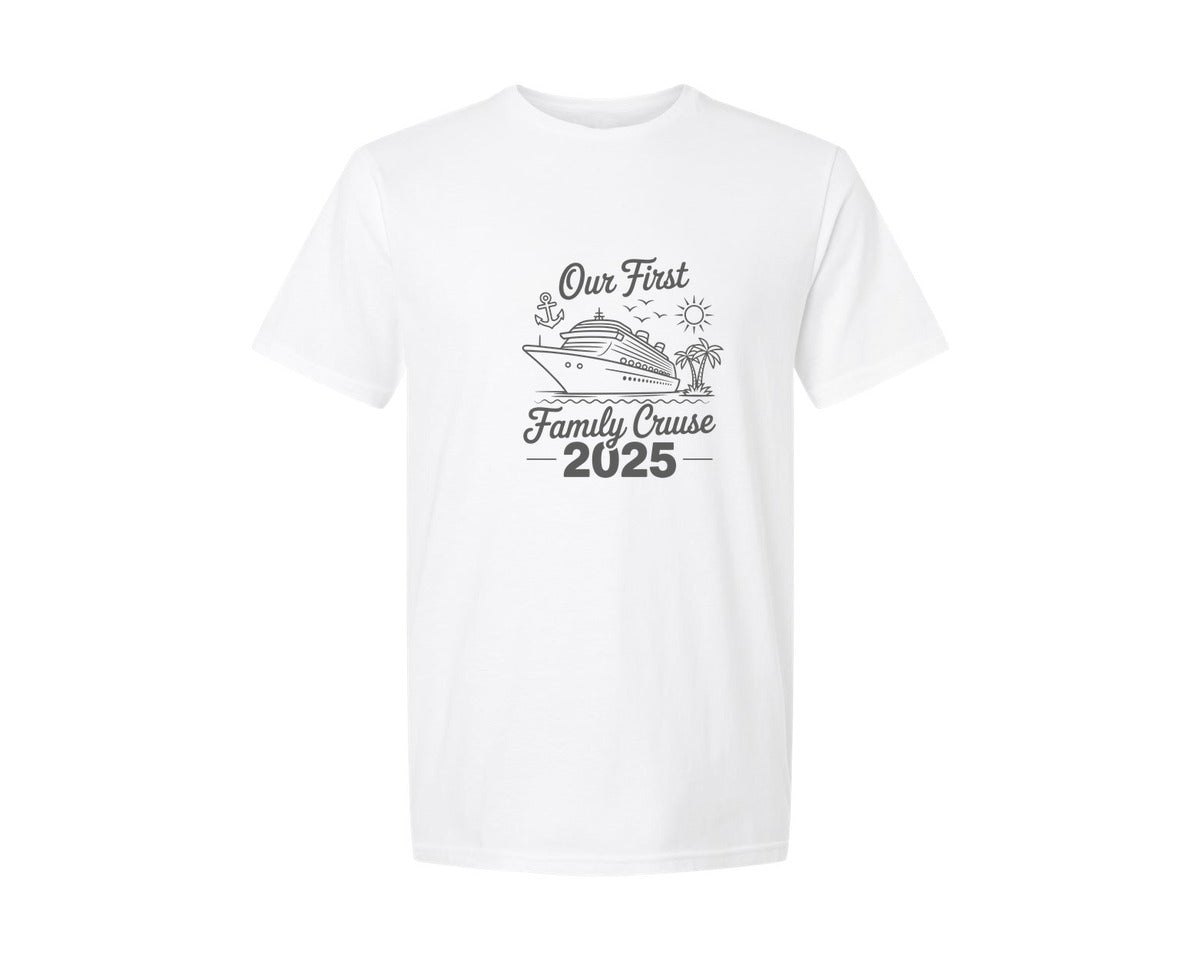 brand:Generic|color:White|Our First Family Cruise 2025 Graphic T-Shirt