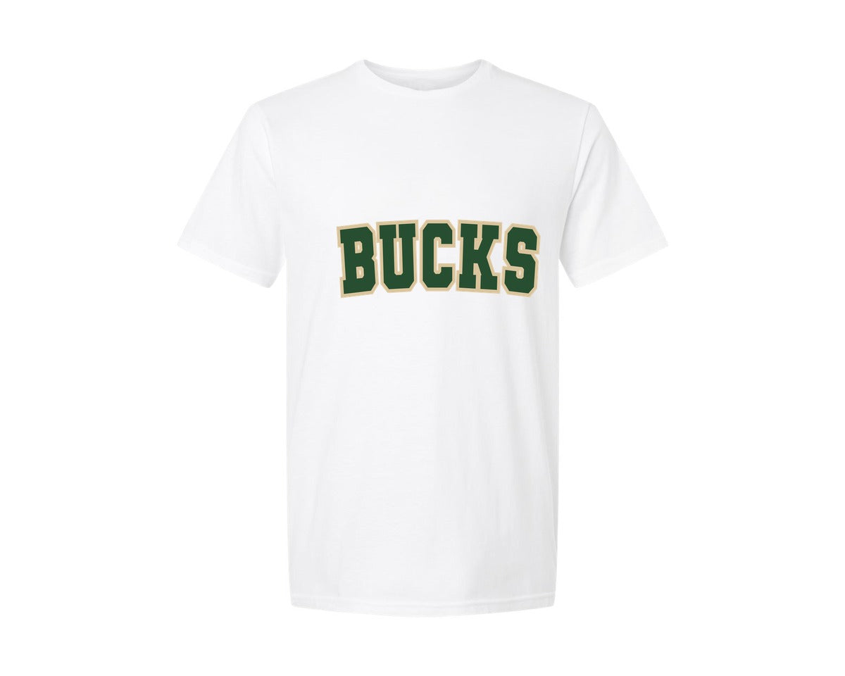 brand:Generic|color:White|Bucks Varsity Curved Green Gold Graphic T-Shirt