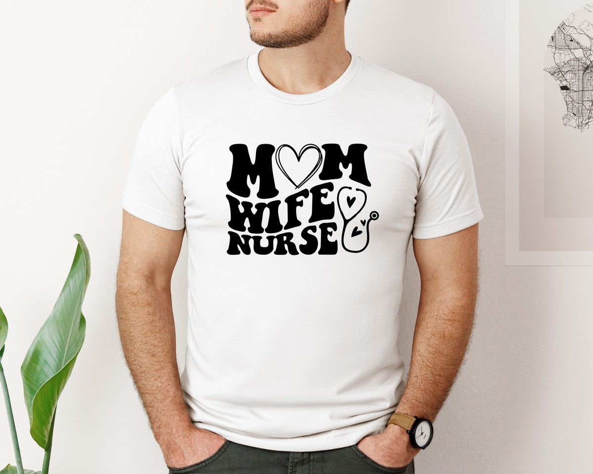 brand:Bella Canvas|color:White|Mom Wife Nurse Wavy Graphic T-Shirt