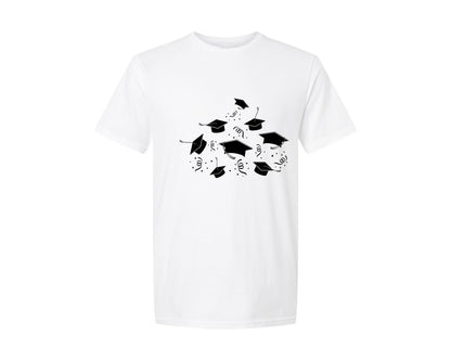 brand:Generic|color:White|Flying Graduation Hats Overlay Grad Cap Graphic T-Shirt