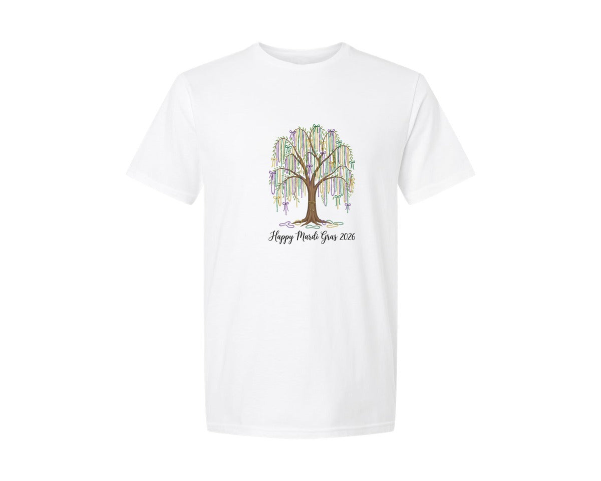 brand:Generic|color:White|Mardi Gras Beads Tree Graphic T-Shirt