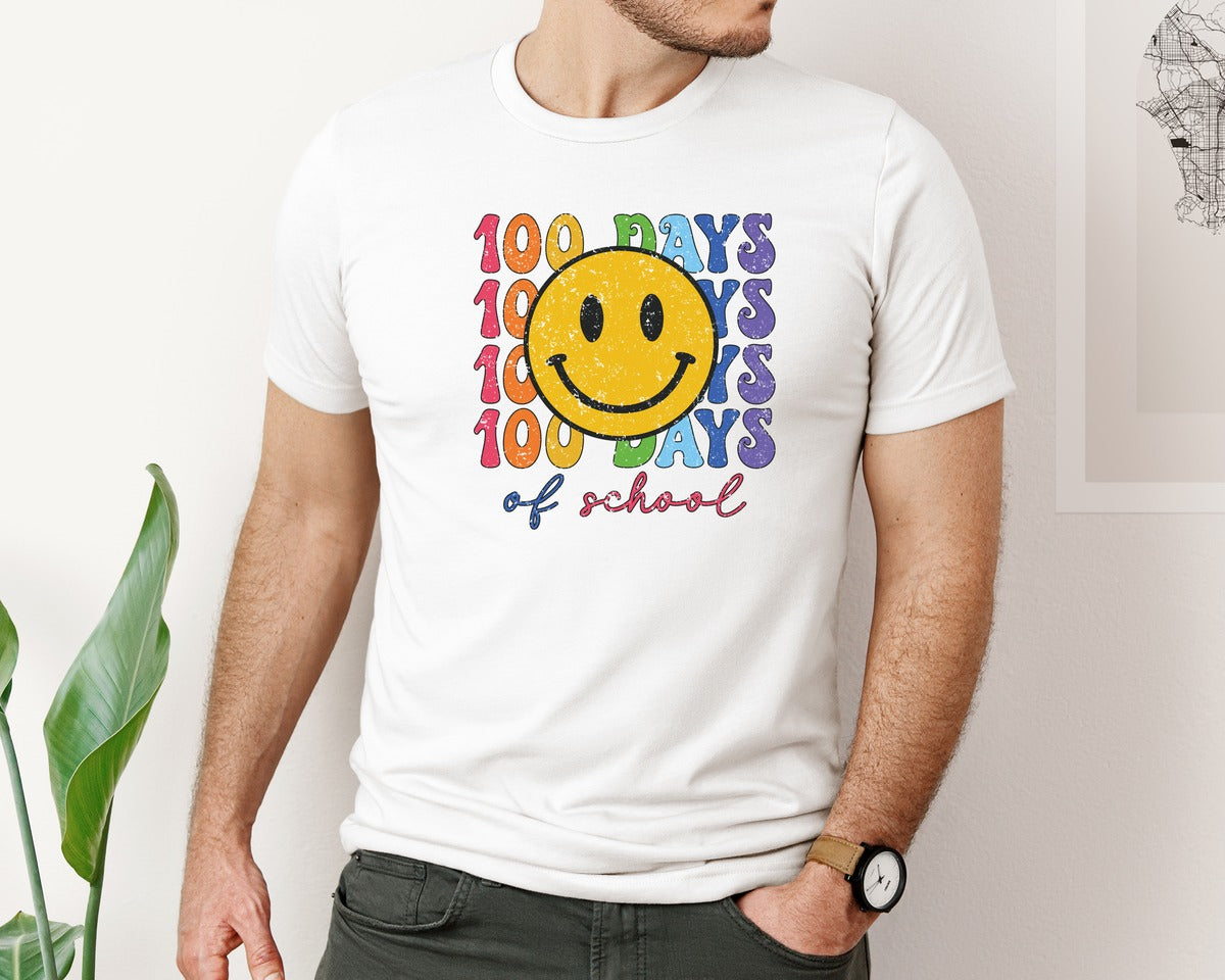 brand:Bella Canvas|color:White|100 Days Of School Pngretro Smiley Face Graphic T-Shirt