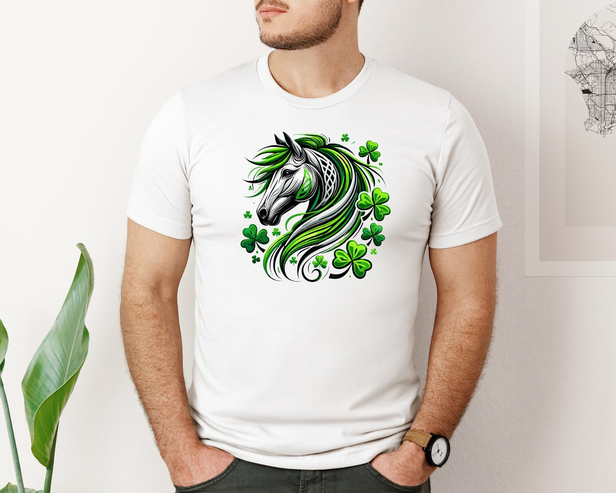 brand:Bella Canvas|color:White|St Patricks Day Horse Lucky Graphic T-Shirt