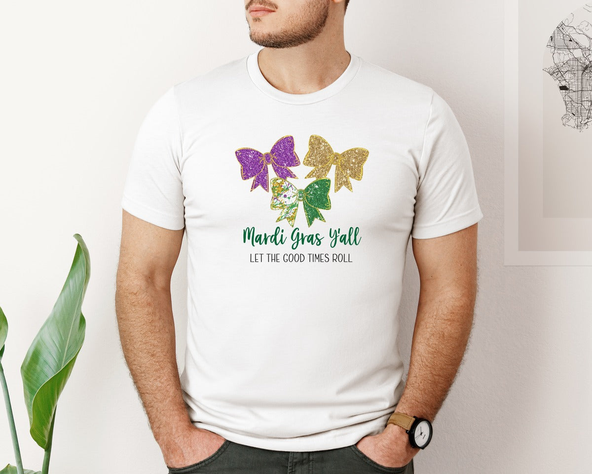 brand:Bella Canvas|color:White|Mardi Gras Bow Glittery Purple Graphic T-Shirt
