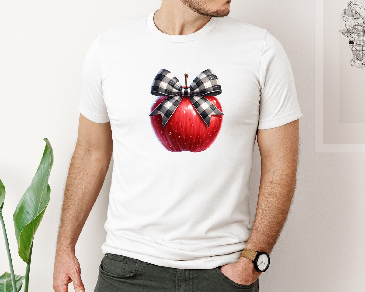 brand:Bella Canvas|color:White|School Teacher Apple Checkered Bow Graphic T-Shirt