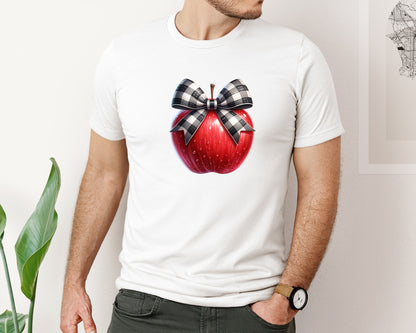 brand:Bella Canvas|color:White|School Teacher Apple Checkered Bow Graphic T-Shirt