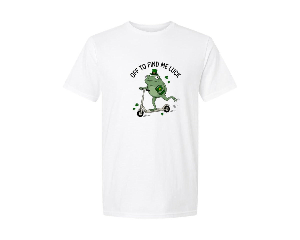 brand:Generic|color:White|Off To Find Me Luck Frog Scooter Graphic T-Shirt