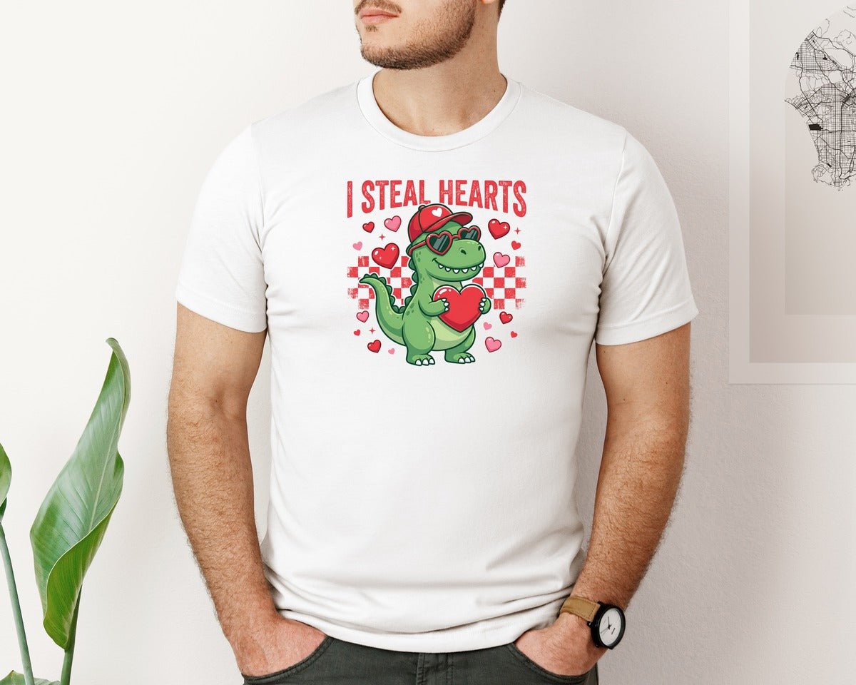 brand:Bella Canvas|color:White|I Steal Hearts Funny T Rex Valentine Graphic T-Shirt