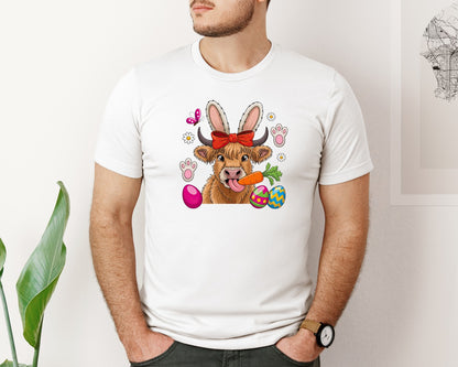 brand:Bella Canvas|color:White|Easter Highland Cow Heifer 2 Graphic T-Shirt