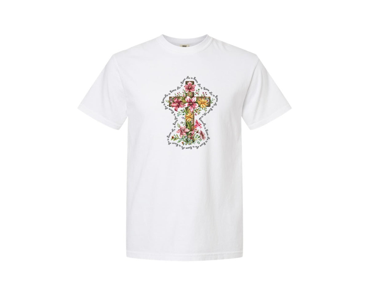 brand:Comfort Colors|color:White|Floral Cross Easter He Is Risen Graphic T-Shirt