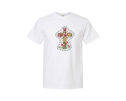 brand:Comfort Colors|color:White|Floral Cross Easter He Is Risen Graphic T-Shirt