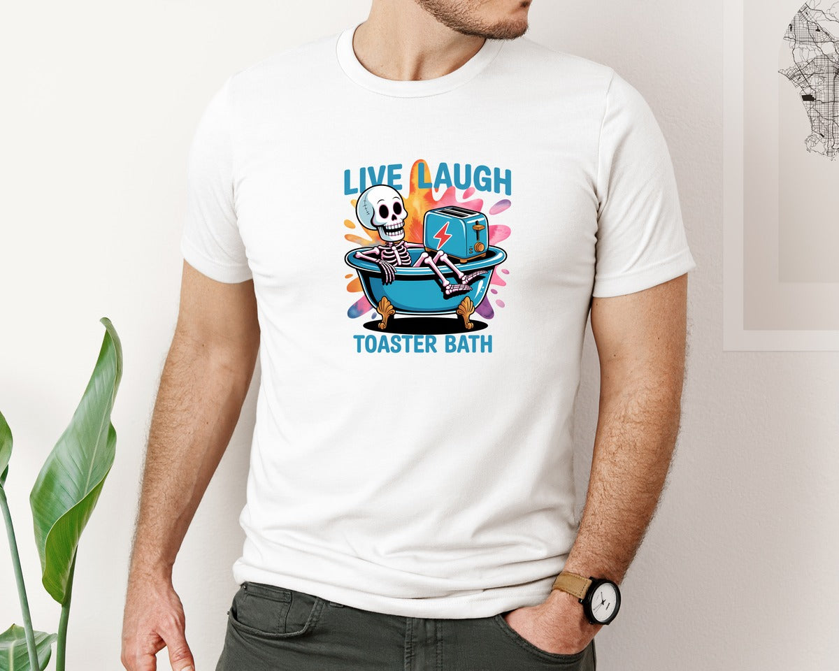 brand:Bella Canvas|color:White|Toaster Bath Skeleton Dark Humor Graphic T-Shirt