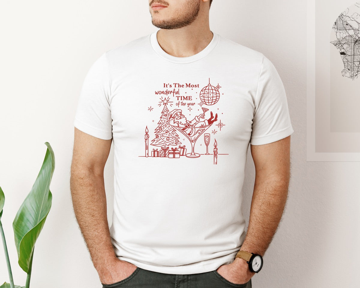 brand:Bella Canvas|color:White|Funny Christmas Martini Glass Santa Graphic T-Shirt