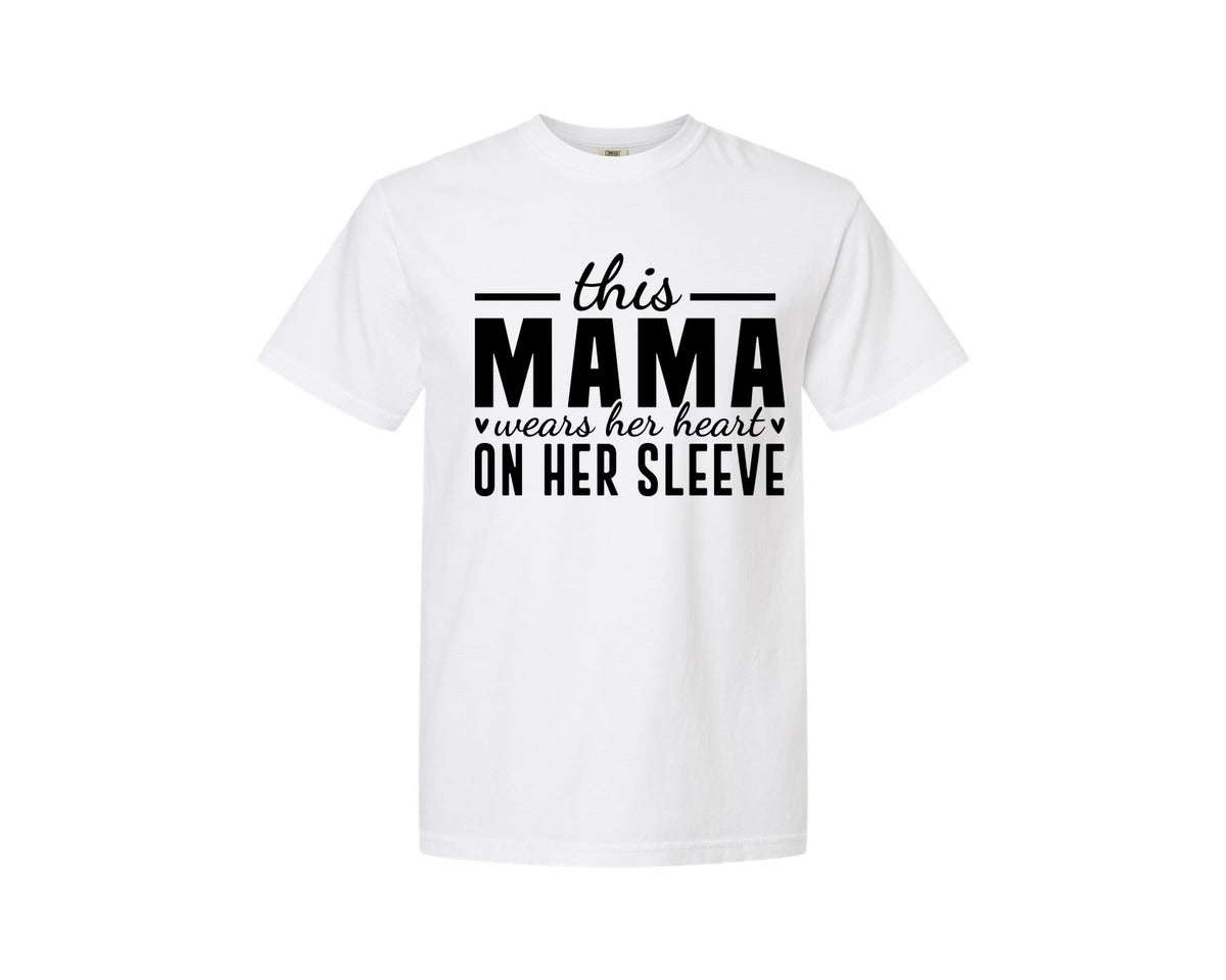 brand:Comfort Colors|color:White|This Mama Wears Her Heart On Her Sleeve 77 Graphic T-Shirt