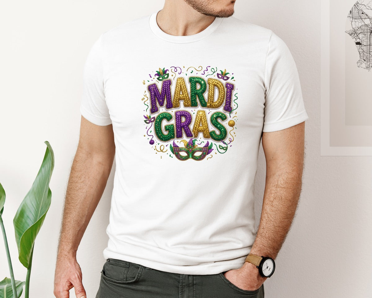 brand:Bella Canvas|color:White|Mardi Gras Knit Glitter Design Graphic T-Shirt