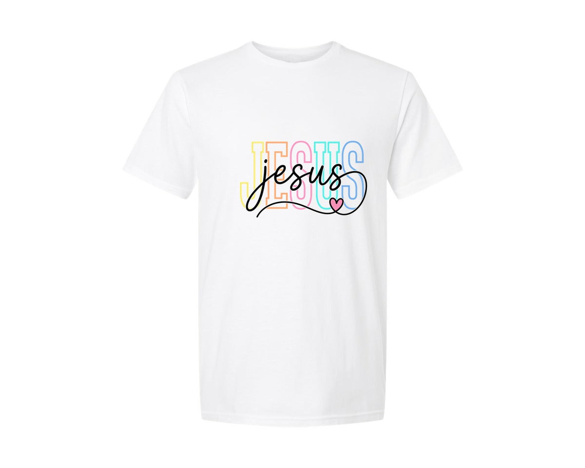 brand:Generic|color:White|Colorful Jesus Script Heart Design Graphic T-Shirt