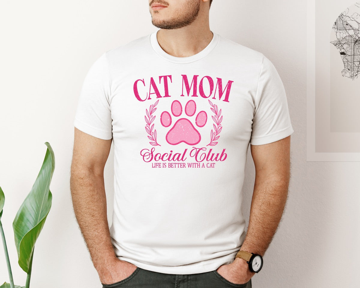 brand:Bella Canvas|color:White|Cat Mom Social Club Retro Mama Pink Graphic T-Shirt