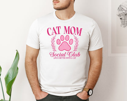 brand:Bella Canvas|color:White|Cat Mom Social Club Retro Mama Pink Graphic T-Shirt
