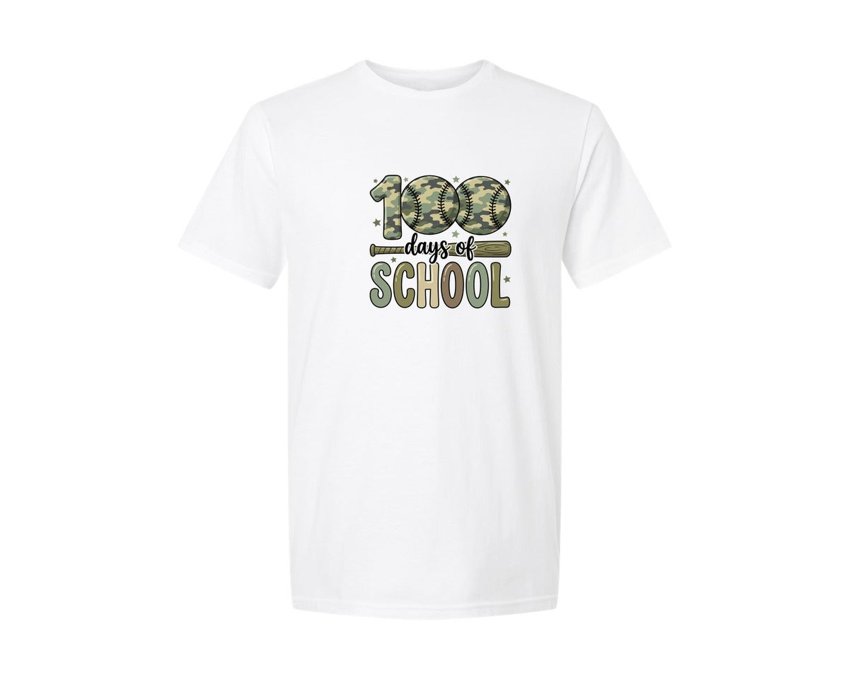 brand:Generic|color:White|Camo Baseball 100 Days Of School Graphic T-Shirt