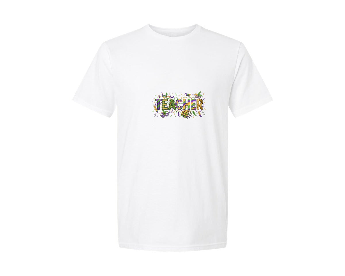 brand:Generic|color:White|Mardi Gras Teacher Graphic T-Shirt