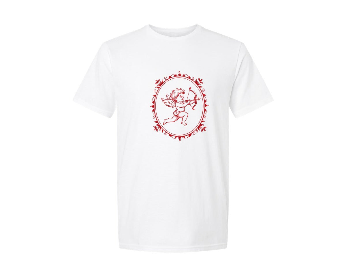 brand:Generic|color:White|Vintage Cupid Valentine Oval Frame Graphic T-Shirt