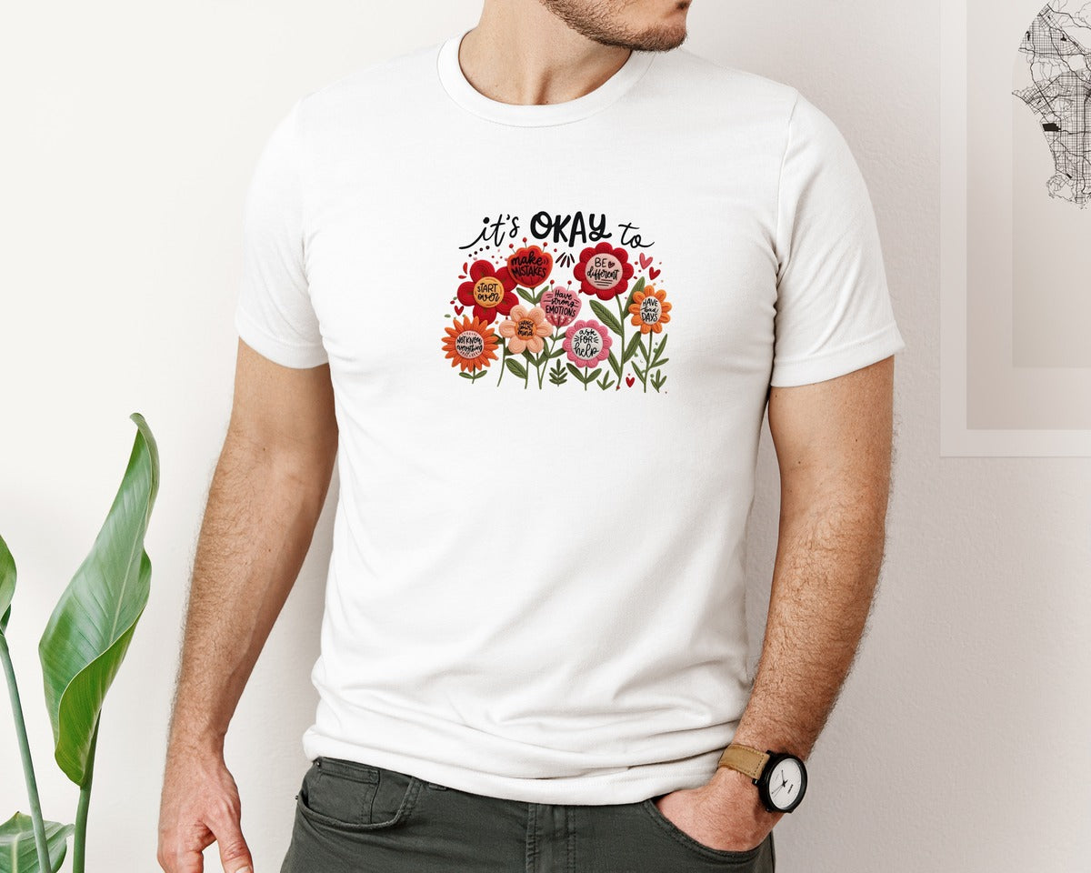 brand:Bella Canvas|color:White|Faux Yarn Its Okay To Boho Floral Graphic T-Shirt