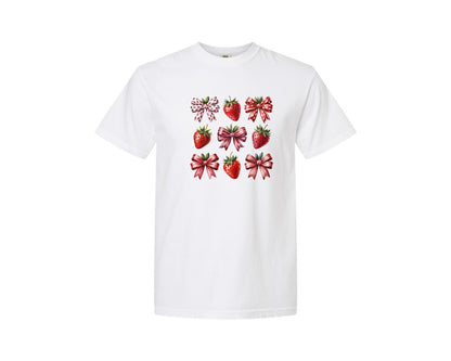 brand:Comfort Colors|color:White|Strawberry Bow Cute Fruit Graphic T-Shirt