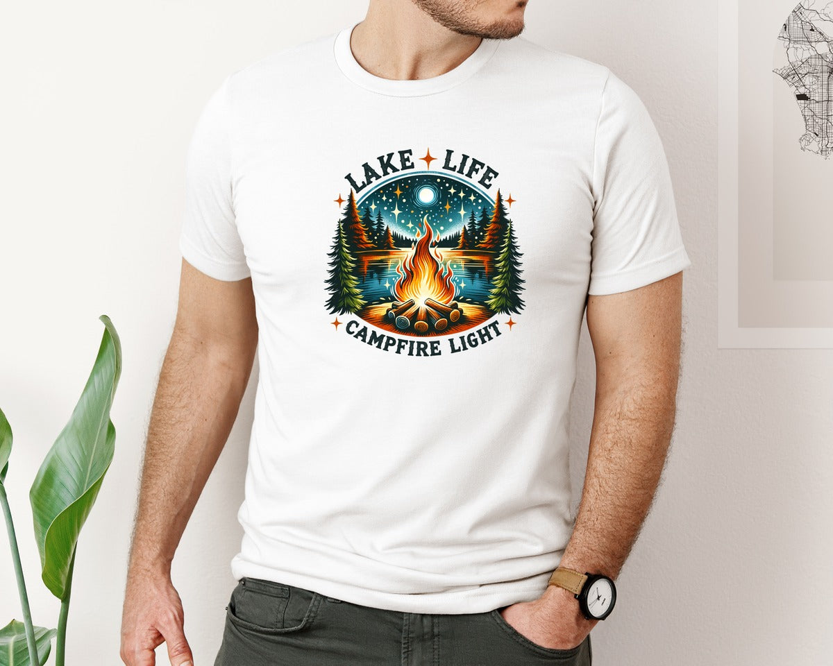 brand:Bella Canvas|color:White|Lake Life Campfire Light Graphic T-Shirt