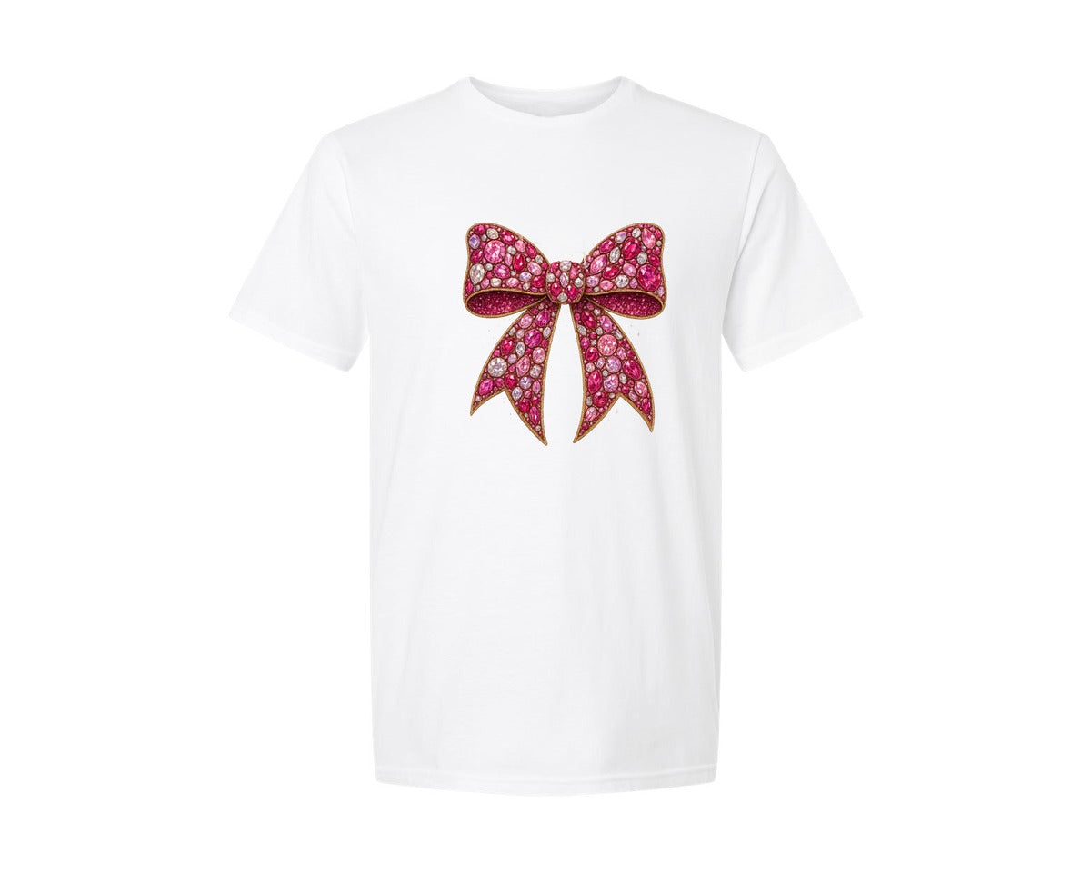 brand:Generic|color:White|Faux Rhinestone Pink Bow 2 Graphic T-Shirt
