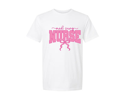 brand:Generic|color:White|Med Surg Nurse Coquette Nurse Pink Bow Graphic T-Shirt