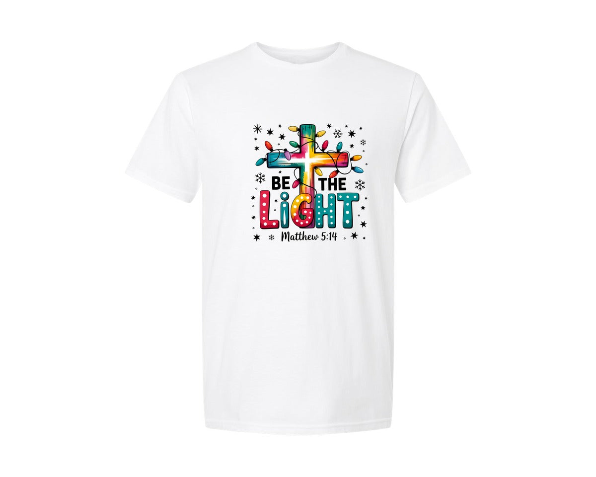 brand:Generic|color:White|Be The Light Christmas Lights Cross Graphic T-Shirt