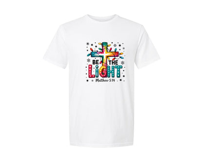 brand:Generic|color:White|Be The Light Christmas Lights Cross Graphic T-Shirt