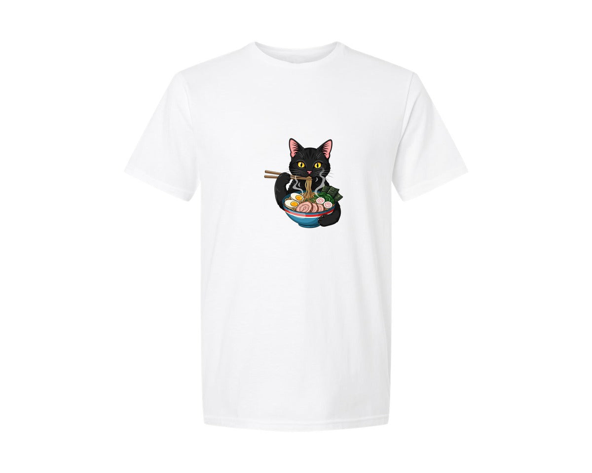 brand:Generic|color:White|Cute Black Cat Eating Ramen Bowl Graphic T-Shirt