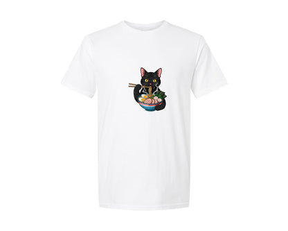 brand:Generic|color:White|Cute Black Cat Eating Ramen Bowl Graphic T-Shirt