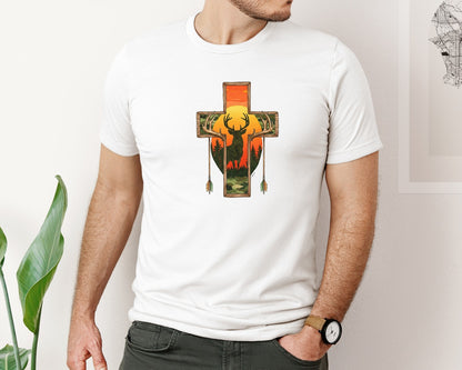 brand:Bella Canvas|color:White|Deer Cross Rustic Hunting Cross Sub Graphic T-Shirt