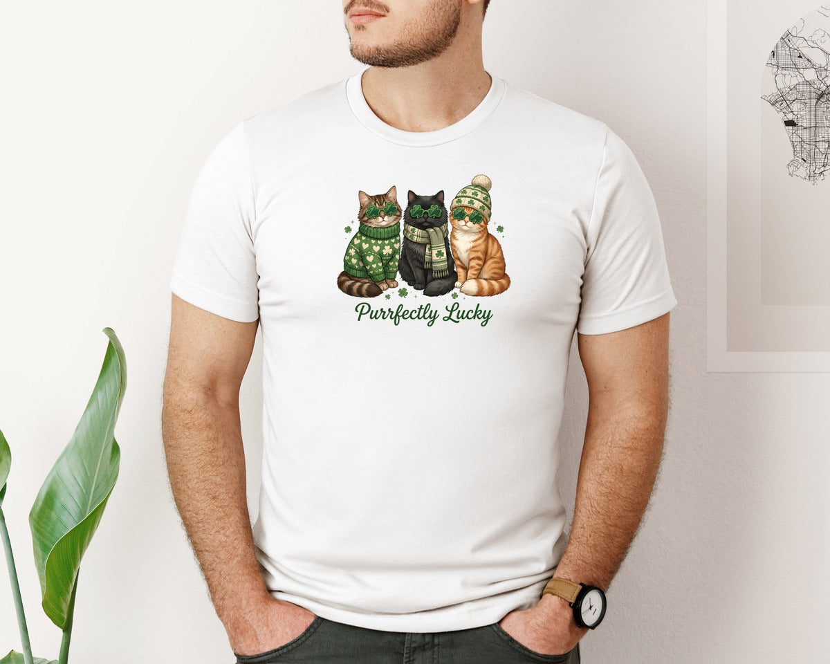 brand:Bella Canvas|color:White|Purrfectly Lucky Cat Graphic T-Shirt