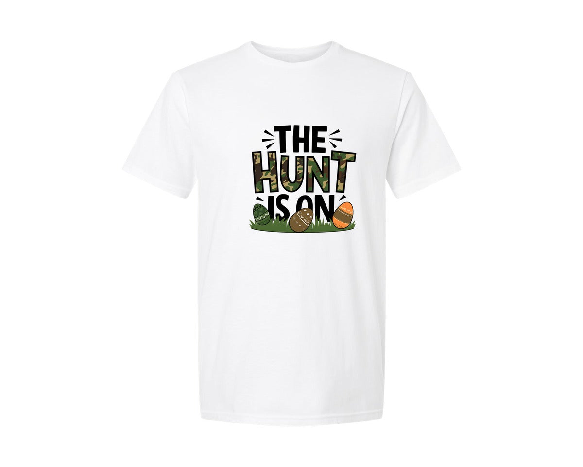 brand:Generic|color:White|The Hunt Is On Camo Easter Egg Camo Graphic T-Shirt